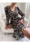 Women's Double-Breasted Collar Belt Detail Leopard Printed Midi Length Elegant Dress - 5