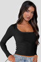 Kadın Siyah Kare Yaka Dantelli Uzun Kollu Crop Top Bluz - 7