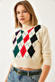 Women's Beige Turtleneck Patterned Crop Knitwear Sweater 60351303 - 5