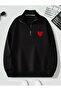 Black Stand Collar Heart Printed Pullover Sweatshirt