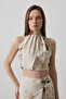 Bej Keten Görünümlü Halter Yaka Crop Dokuma Bluz TWOSS25BZ00158 - 2