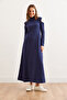 Women's Navy Blue Stand Collar Shoulder Low-Cut Thick Ribbed Dress Elb- 19002322 - 5