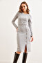 Women's Gray Button Detail Slit Midi Stretchy Dress Elb- 19002256 - 2