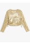 Shiny blouse with ruched sides, tie-up detail, long sleeves, and crew neck. - 4