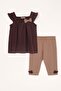 Square Collar Ruffle Sleeve Polka Dot Brown Polka Dot Color Girl's Tights Set