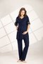 Women's Navy Blue Lace Design Short Sleeve 100% Cotton Maternity Maternity Dressing Gown Pajamas Set Set - 4