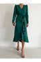 Women's Green Crepe Fabric Double Breasted Collar Asymmetric Cut Midi Length Belted Long Sleeve Dress - 6