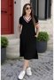 Women's Short Sleeve V-Neck and Rib Detail Midiboy Viscose Dress - 5