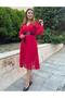 Women's Chiffon Fabric Lined Flared Cut Double Breasted Collar Midi Length Dress - 2
