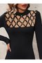 Women's Long Sleeve Crew Neck Laser Cut Pearl Detail Viscose Two Thread Mini Length Dress - 2