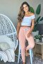 Women's Short Sleeve Madonna Collar Viscose Crop Blouse Two Thread Tracksuit Set with Pockets