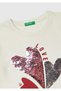 Girl's Ecru T-Shirt with Sequin Print Detail on the Front and Round Hem Long Sleeves - 2