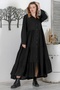 Black Shirt Collar Buttoned Long Sleeve Ruffle Hem Casual Woven Dress 145 60 - 2