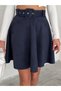 Women's Navy Blue Midi Length Belted Suede Flared Skirt - 6