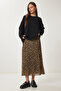 Leopard Print Pleated Woven Skirt Black Beige Lwf0021 - 2