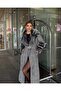 Women's Fabric Checkered Pattern Stone Fur Detail Belted Lined Special Design Coat - 7