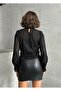 Women's Black Silvery Bearded Lined Christmas Blouse - 6