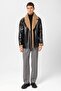 Black Lining Detailed Faux Leather Double Breasted Men's Coat - 4