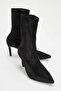 Thalin Black Velvet Pointed Toe Women's Thin Heeled Boots