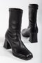Women's Black Stretch Ankle Mid-Height Heel Boots - 2