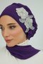 Chiffon Ready-Made Turban with Side Ruffles and Floral Accessories,Ht-102,Ht-102,Purple-Silver - 7