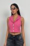 الفوشيه Houndstooth منقوشة زر مفصلة طوق القميص سترة المحاصيل 23s12002 - 3