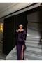 Women's Long Sleeve Long Length Slit Evening Dress Velvet Fabric Plum - 2
