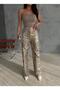 Zeo Basic Gold Leopard Patterned Varak Printed Wide Leg Pants - 2