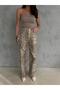 Zeo Basic Gold Leopard Patterned Varak Printed Wide Leg Pants - 3