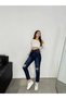 Women Navy Blue Double Knee Laser Ripped High Boyfriend Mom Jeans Pants - 2