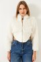 Women's Ecru Leather Garni Detailed Crop Faux Fur Jacket 2622 60351314 - 2
