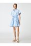 Poplin Shirt Dress Short Sleeve Buttoned Flounced Waist Gathered Bow Detail - 3