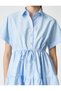 Poplin Shirt Dress Short Sleeve Buttoned Flounced Waist Gathered Bow Detail - 5
