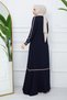 Tesettür Gi̇yi̇m Medi̇ne İpeği̇ Ferace Cream Color Striped Sleeves with Ribbon Navy Blue - 6