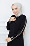 Tesettür Gi̇yi̇m Medi̇ne İpeği̇ Black Ferace Cream Color Striped Ko Ri̇bana Cuffed Black