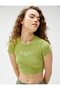 Crop T-Shirt Embroidered Crew Neck Short Sleeve Ribbed - 2
