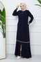 Tesettür Gi̇yi̇m Medi̇ne İpeği̇ Ferace Cream Color Striped Sleeves with Ribbon Navy Blue - 5
