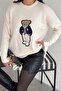Teddy Bear Knit Sweater - Appliqued Teddy Bear and Side Slit Detail, Long Back Design, Crew Neck V5 - 4