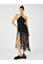 Halter Neck Blouse Tassels Asymmetrical Cutout Ribbed