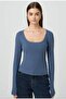 Women's Dark Blue Long Sleeve, Deep Pool Neck Blouse, Ribbed Camisole Fabric