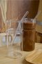 Set of 2 420 ml Heat-Resistant Glass Cups with Straws - Hourglass Shaped Coffee Presentation and Soft Drink Glass - 2