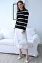 Women's Black Ecru Ringel Striped Ribbed Crew Neck Sweater - 6