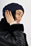 قبعة شتوية نسائية محبوكة بطبقة مزدوجة باللون الأزرق الداكن - 4