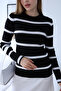 Women's Black Ecru Ringel Striped Ribbed Crew Neck Sweater - 2