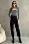 Women's Gray Crew Neck Long Sleeve Blouse with Low-Cut Chest Detail - 2