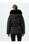 Water Repellent Hooded Puffer Coat with Pockets and Belted Collar and Faux Fur Detail - 4