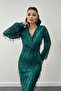 Fringed Sequin Fabric Pencil Dress - EMERALD GREEN - 3
