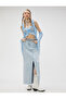 Midi Denim Skirt Front Slit Detailed Pocket Cotton - 2
