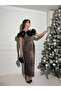 Women's Leopard Imported Scauba Fabric Carmen Collar Rose Detail Back Slit Detail Lined Designer Dress - 3