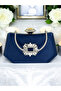 Elegant Design Metal Handle Evening Dress Bag with Dark Blue Color Silver Crystal Stones - 3